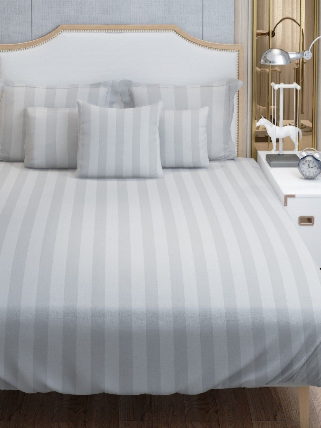 HOME PLUS STUDIOS Grey Striped Cotton 250 TC King Fine Bedsheet with 2 Pillow Covers-108 x 112 inches