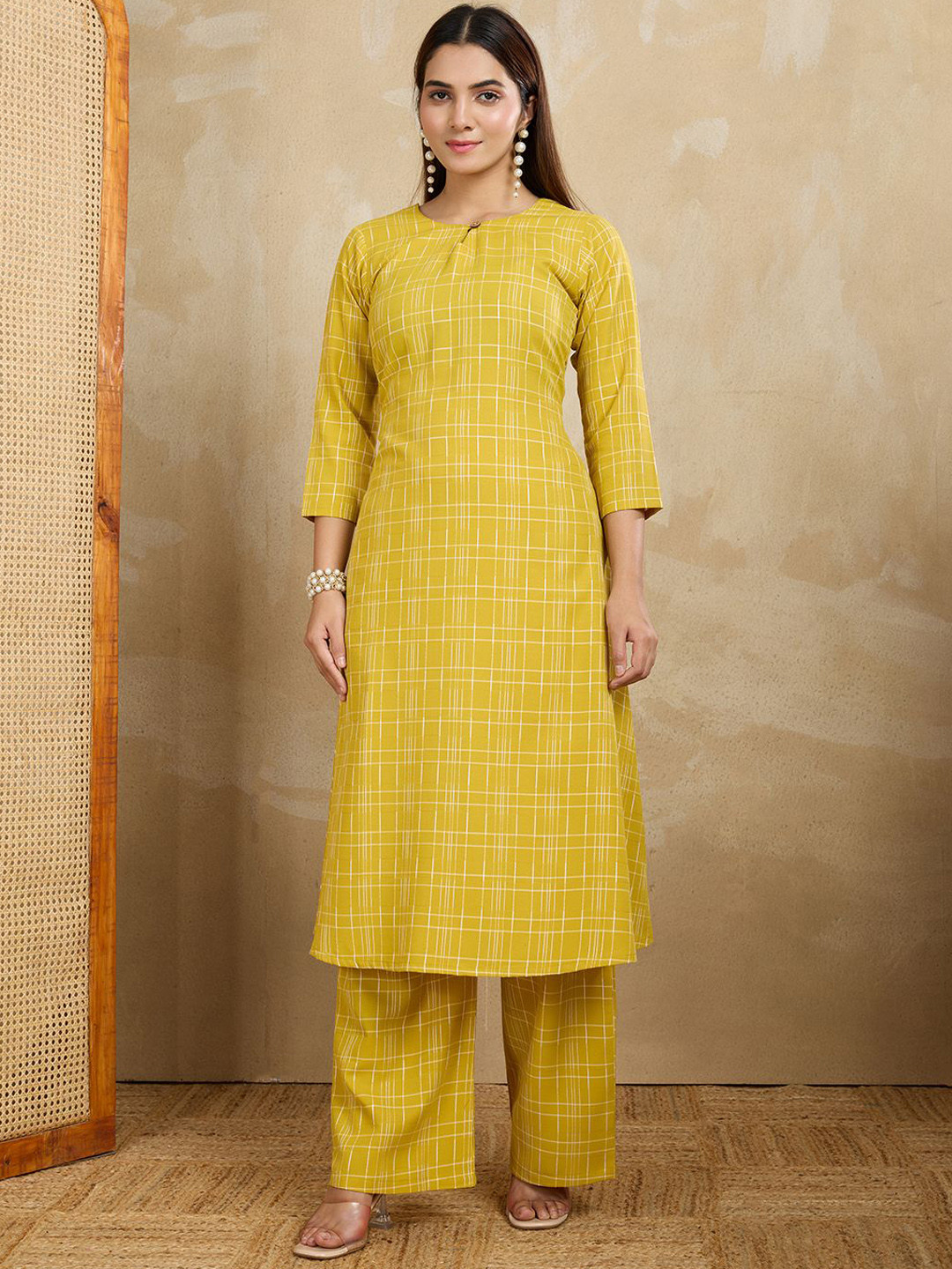 Women Basket Abstract Printed Pure Cotton Round Neck A-Line Kurta With Trousers