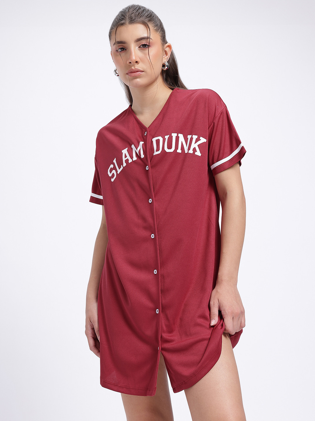 glitchez Varsity Print Relaxed Fit Button-Down Shift Dress