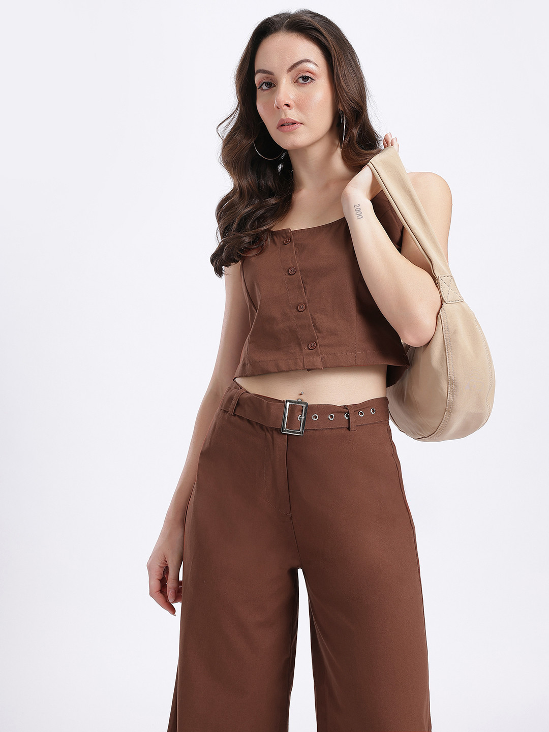 glitchez Asymmetric Placket Belted Cropped Co-Ords