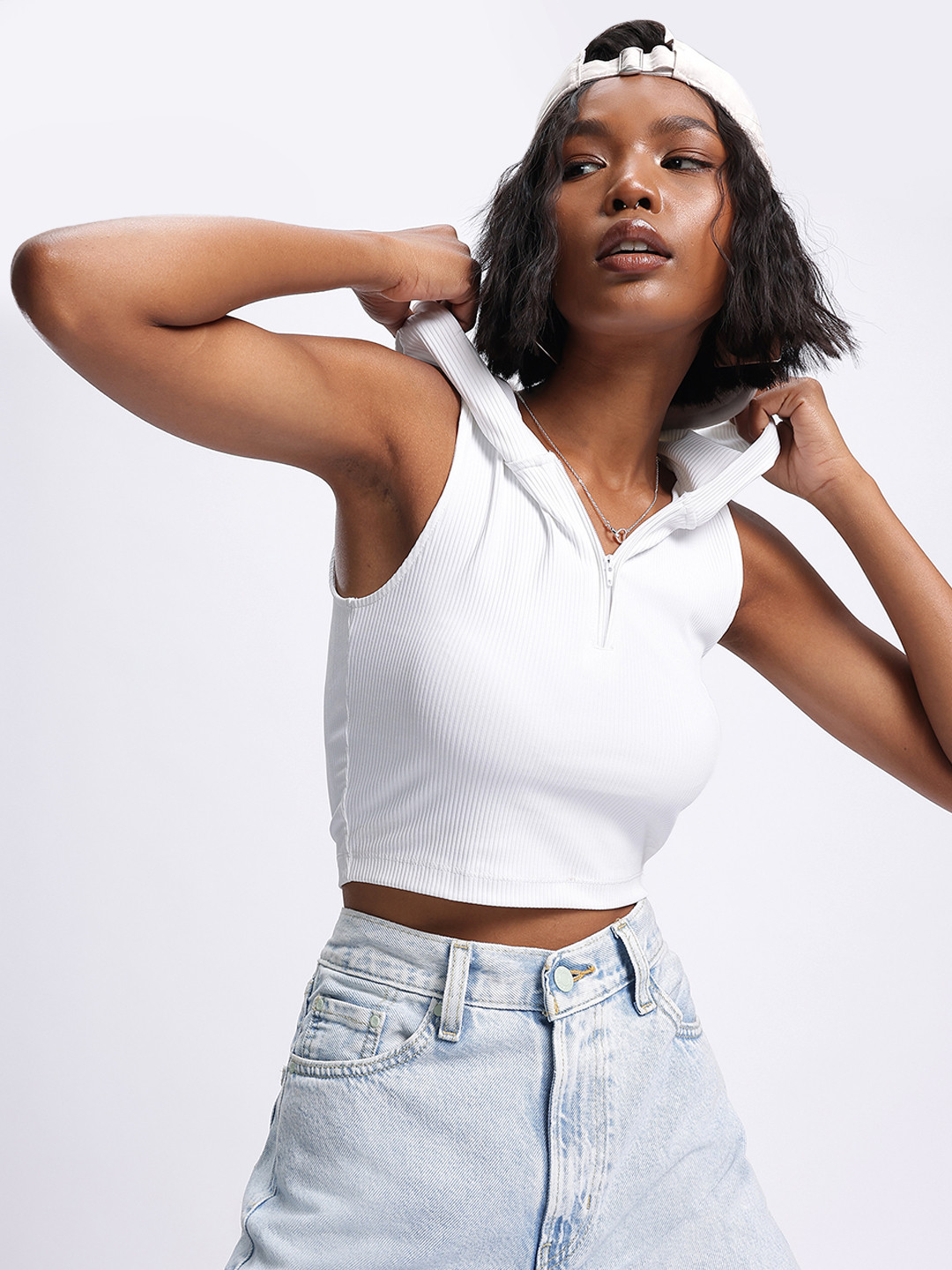 Rib Knit Hooded Crop Top with Shirt Collar