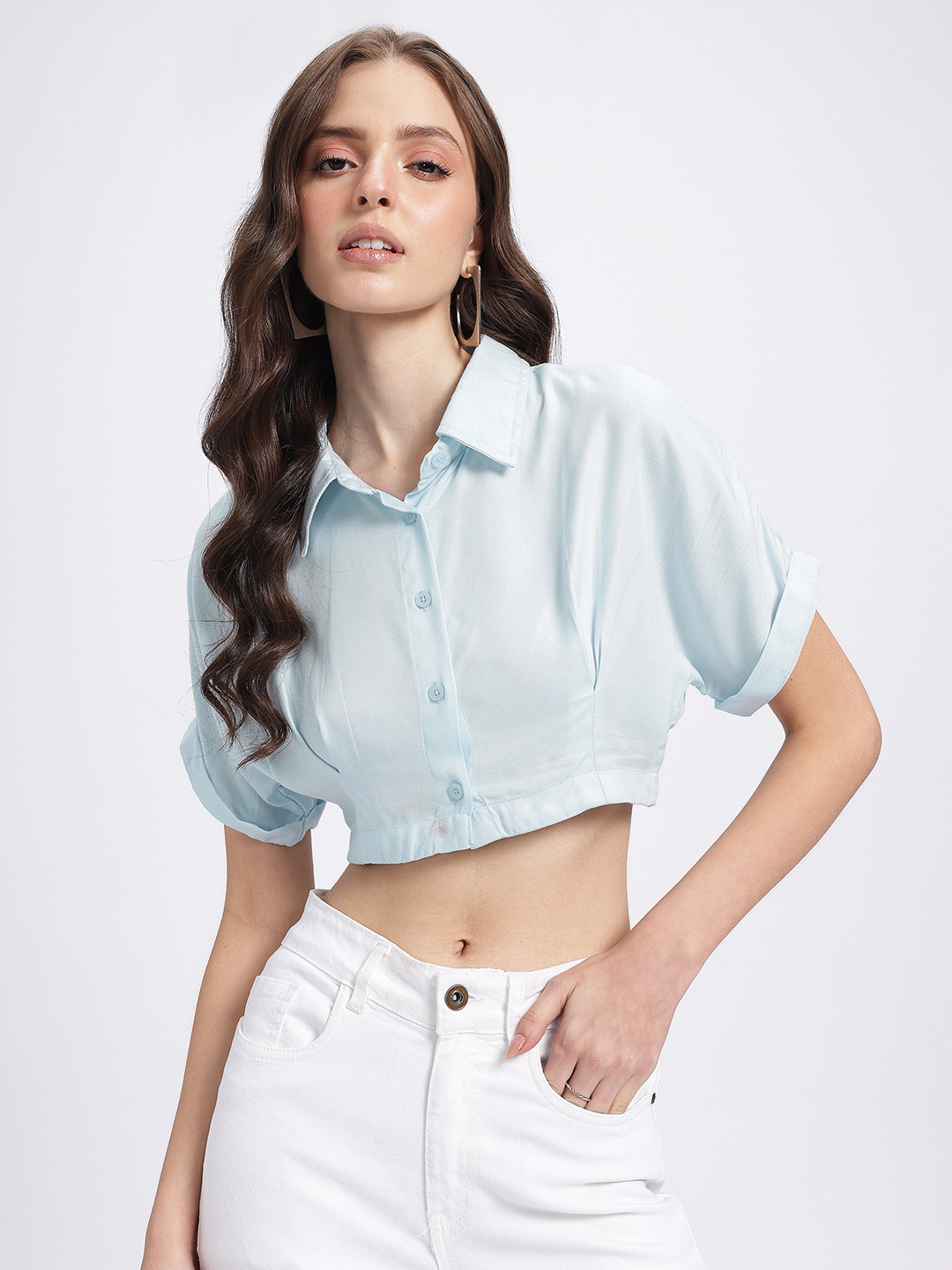 glitchez Modernized Twist Pleated Detail Extended Sleeves Slim Fit Crop Shirt