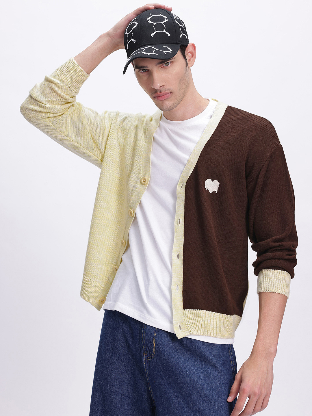 glitchez Drop-Shoulder Sleeves Acrylic Button-Up Cardigan