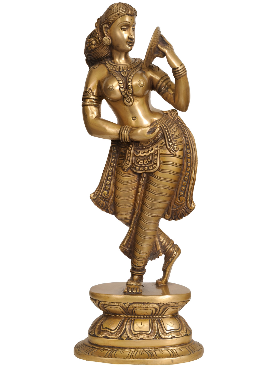 Exotic India Sharp-Nosed Apsara Looks into A Handheld Mirror Gold Brass Metallic Living Room Hand Made Medium Showpiece - 17 Inches