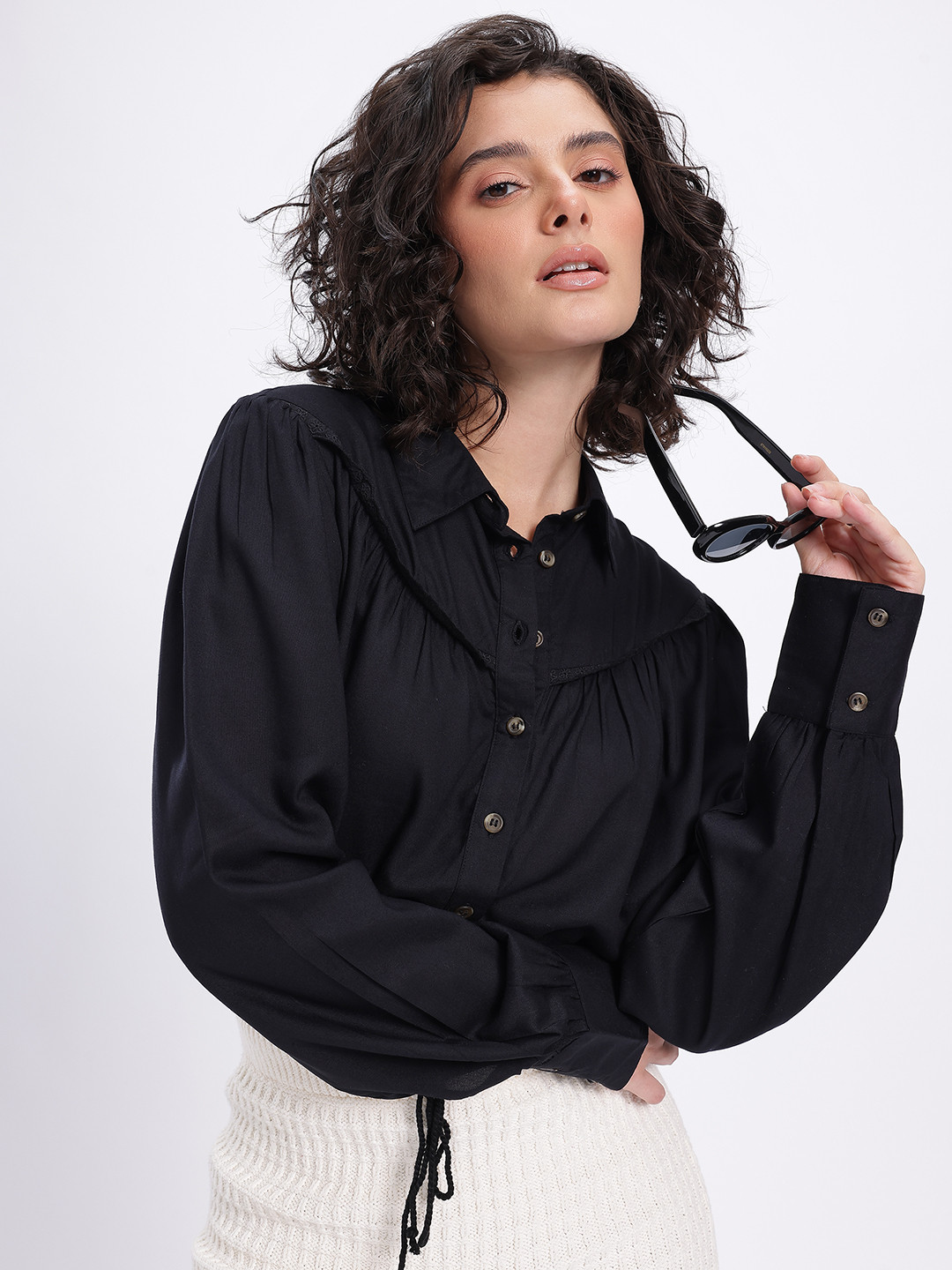 Black Solid Relaxed Fit Shirt with Tie-Up Detail