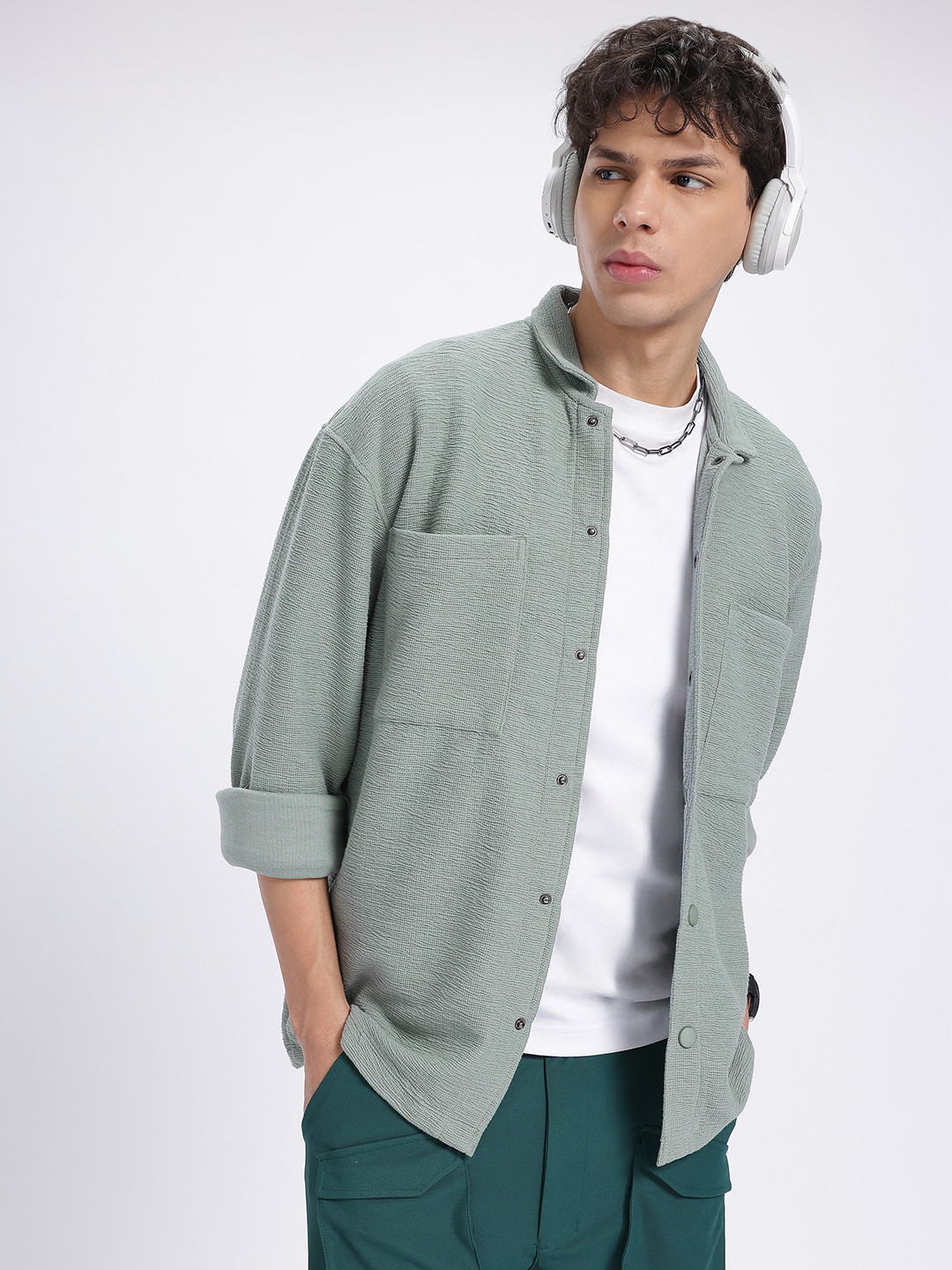 glitchez Textured Drop-Shoulder Pocket Detail Relaxed Fit Shirt