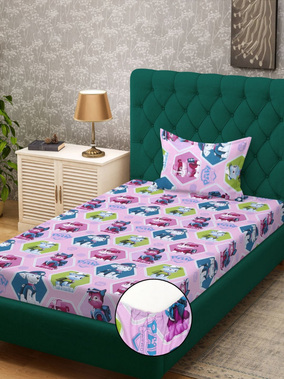 KLOTTHE Purple Cartoon Characters Pure Cotton 400 TC Fitted Single Fine Bedsheet with a Pillow Cover-89 x 59 inches