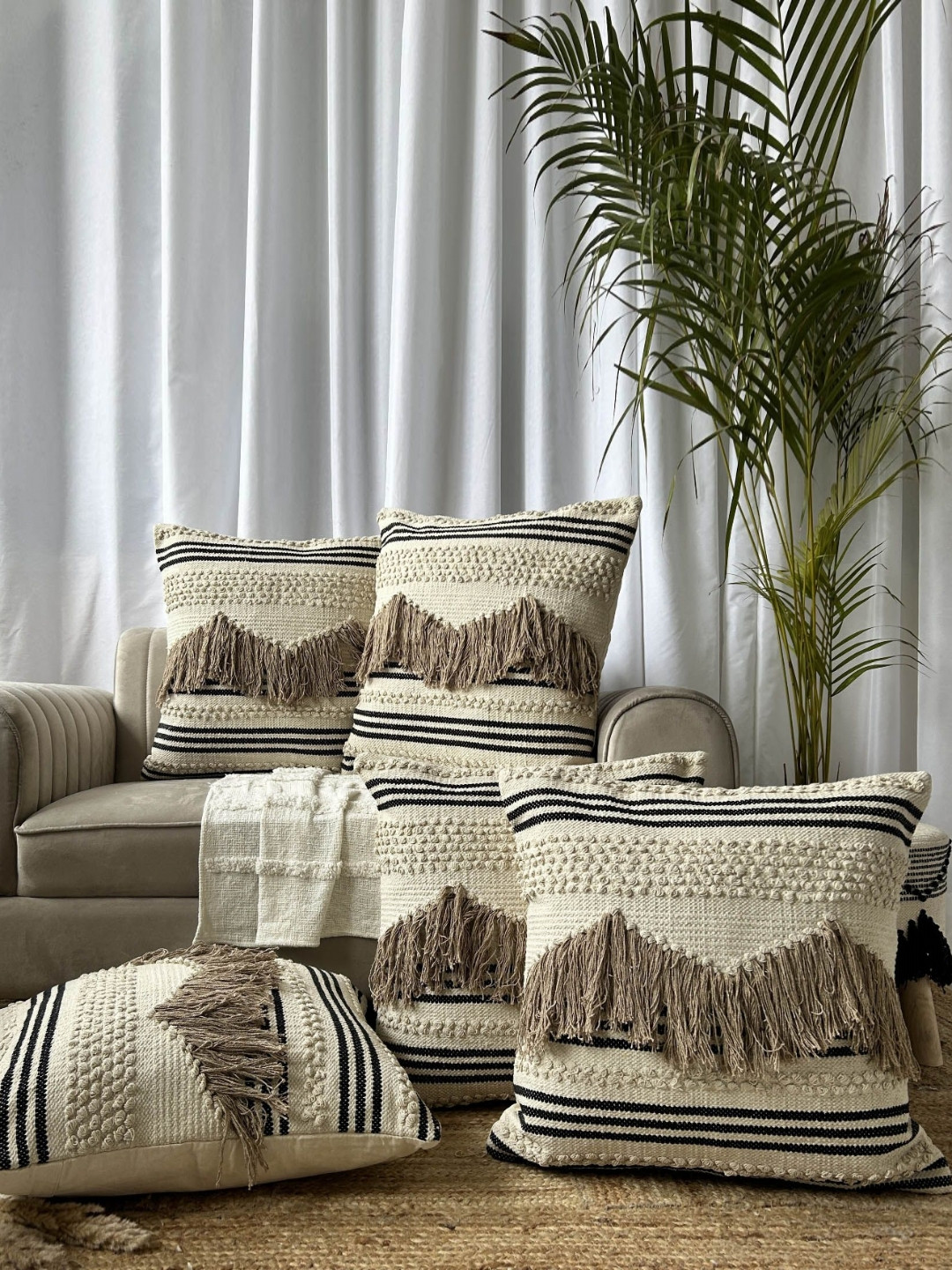 EXPORT HOUSE Beige & Brown 5 Pieces Self Design Textured Square Cotton Cushion Covers