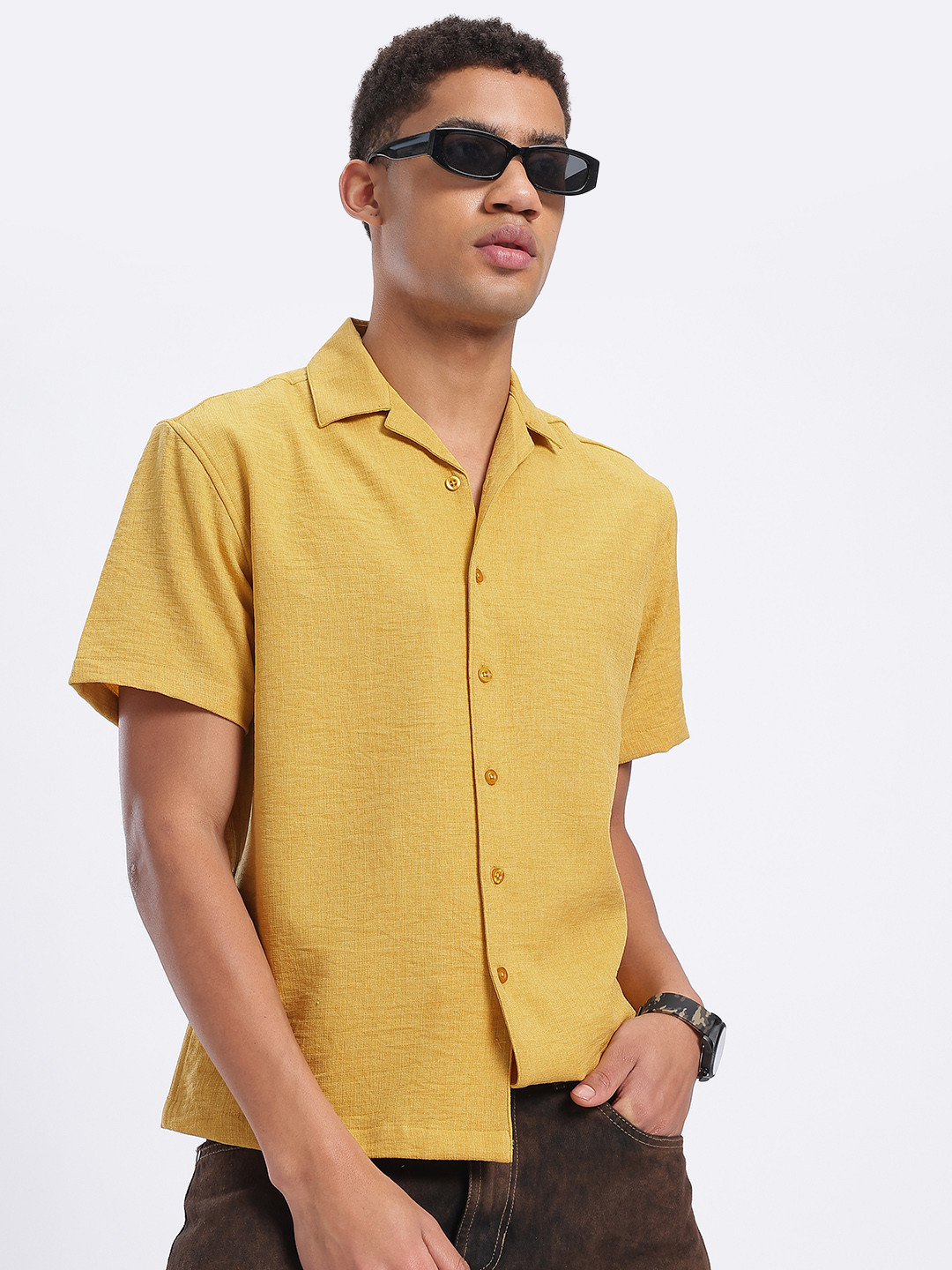 Mustard Yellow Relaxed Fit Cuban Collar Shirt