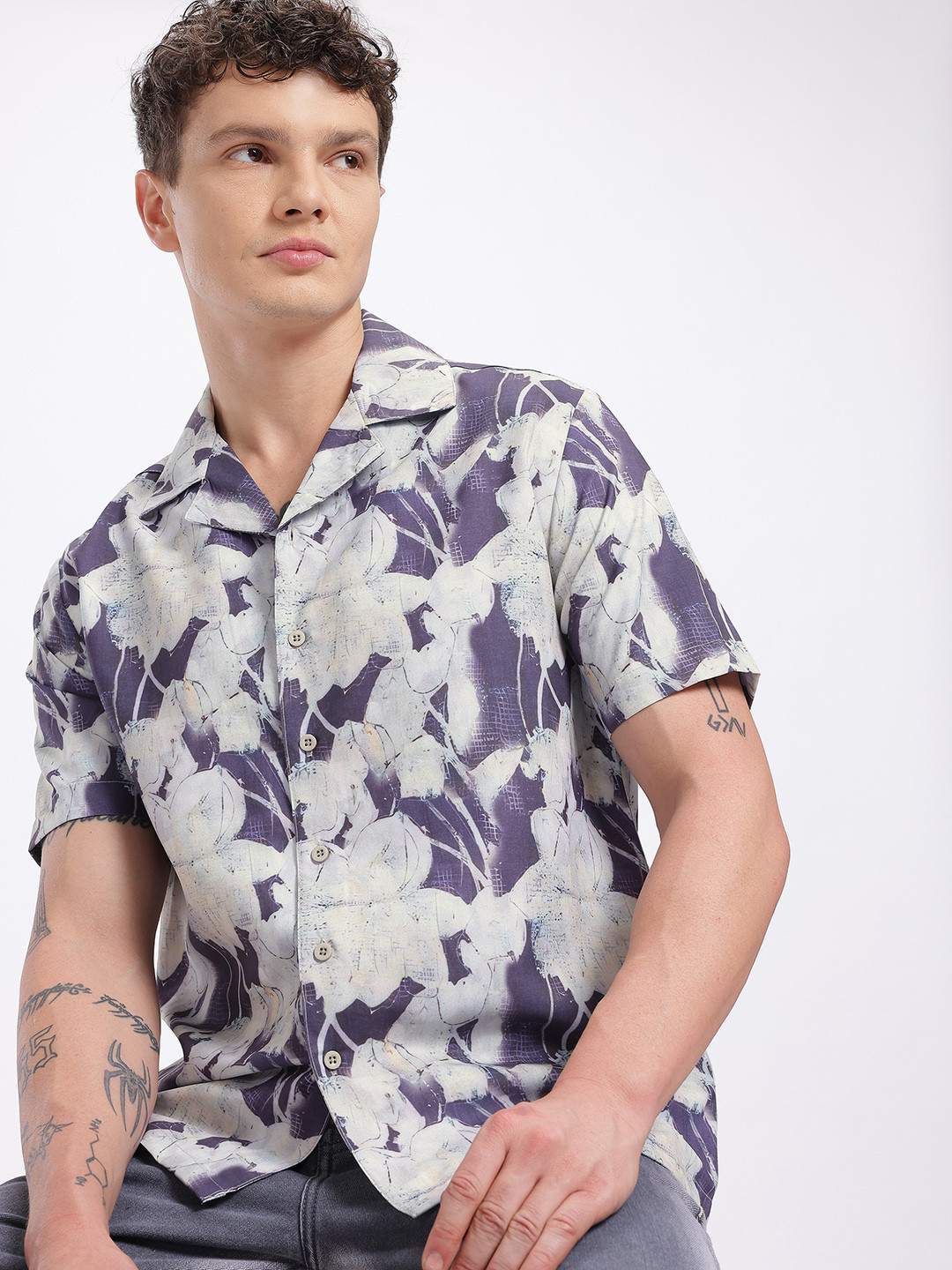 Floral Print Cuban Collar Regular Fit Shirt