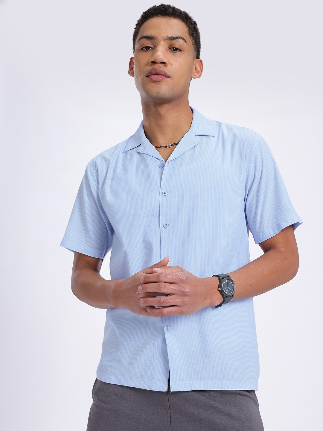glitchez Stripes Cuban Collar Relaxed Fit Shirt