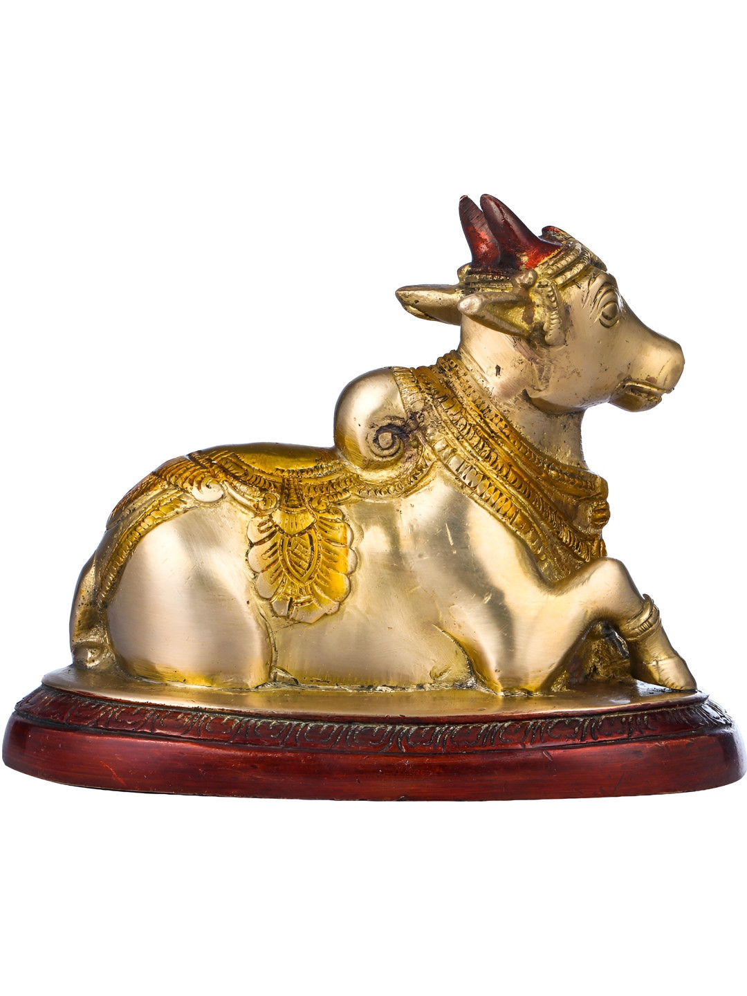 Exotic India Nandi-The Vehicle Of Lord Shiva Gold Brass Metallic Prayer Room Hand Made Medium Showpiece - 4.7 Inches