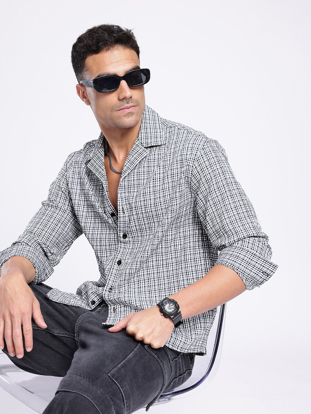 glitchez Relaxed Micro Checks Opaque Casual Shirt