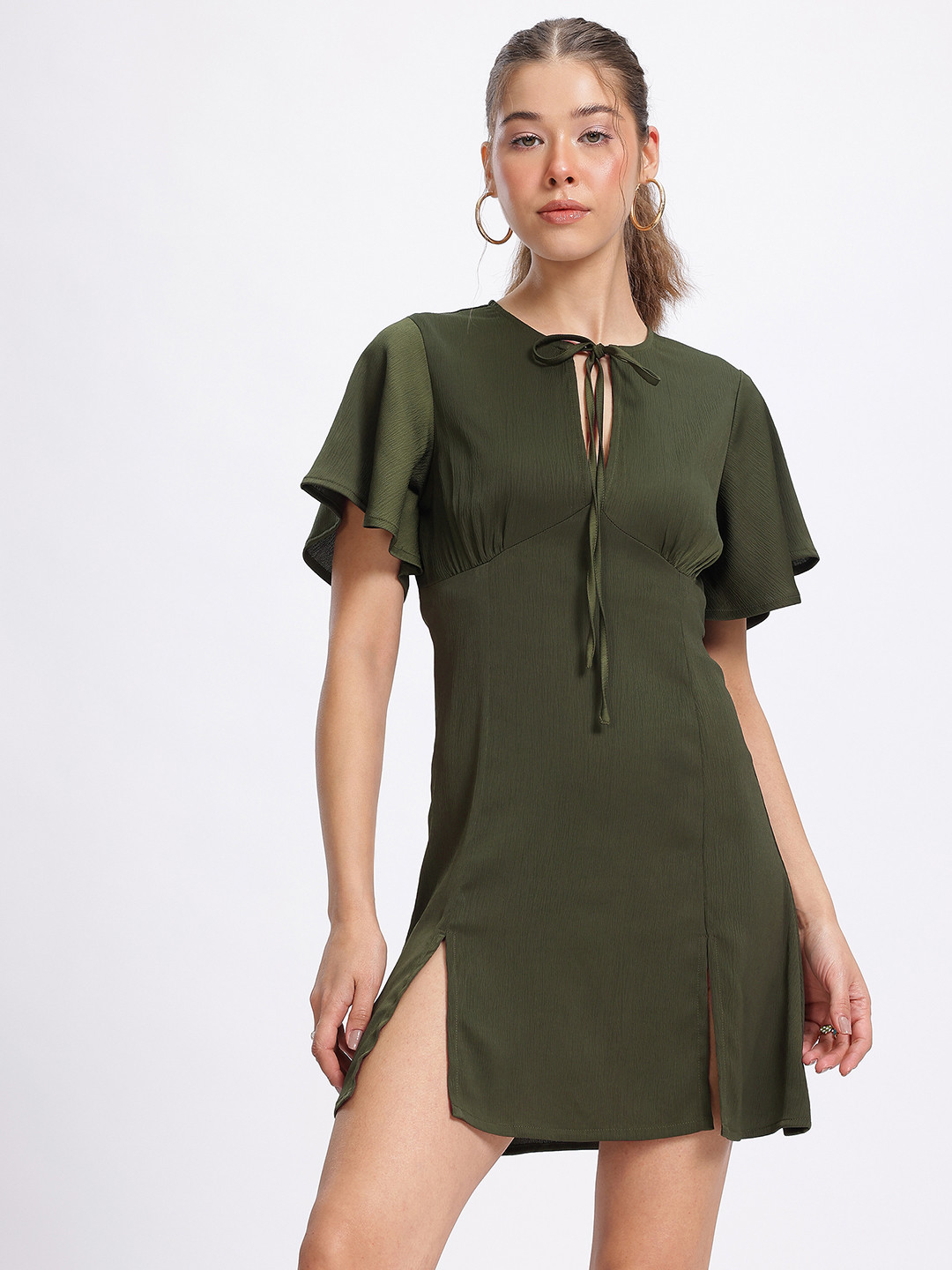 glitchez Front Slits Flutter Sleeve Empire Mini Dress