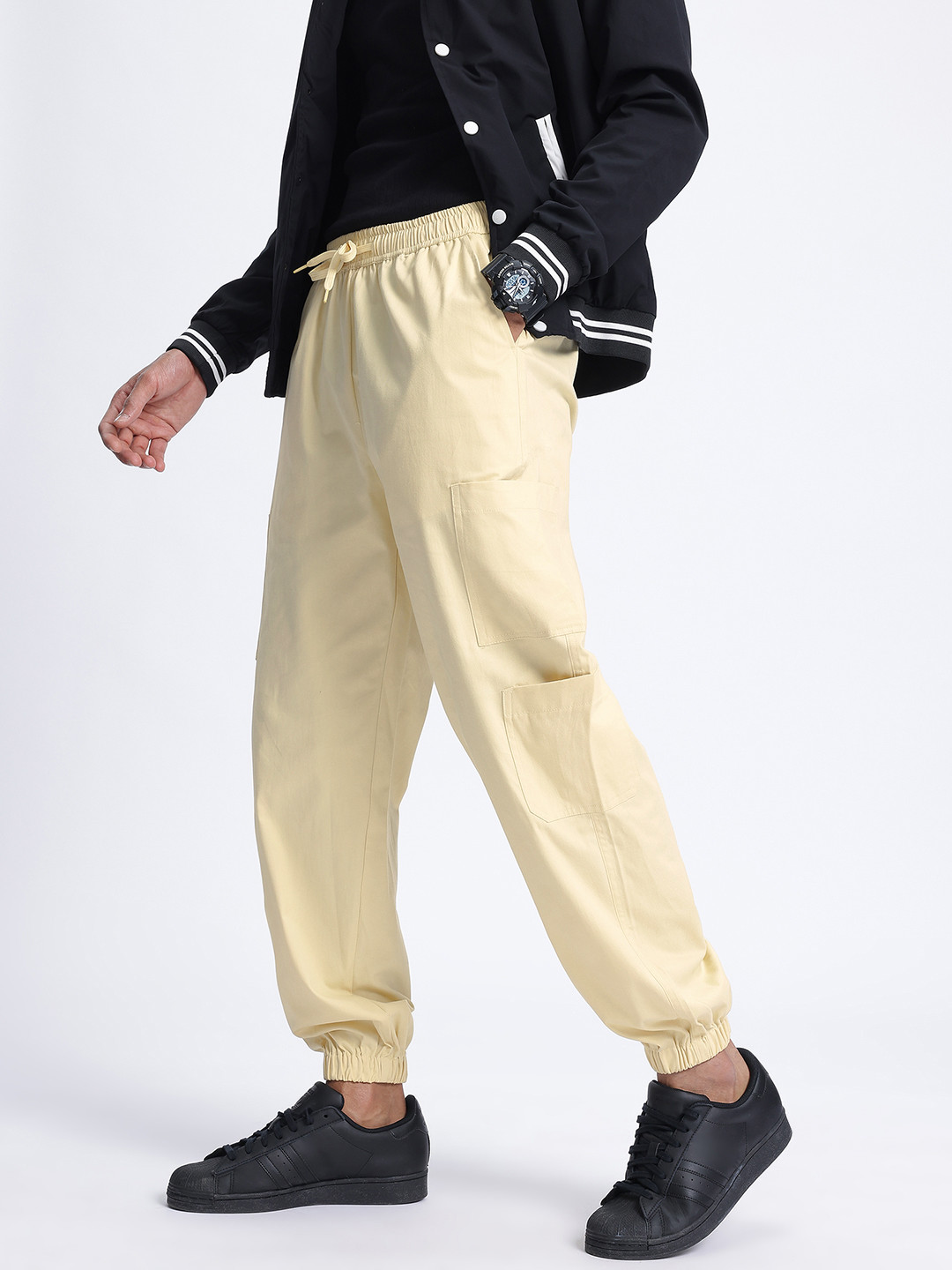glitchez Men Relaxed Fit Cream Cargo-Style Joggers