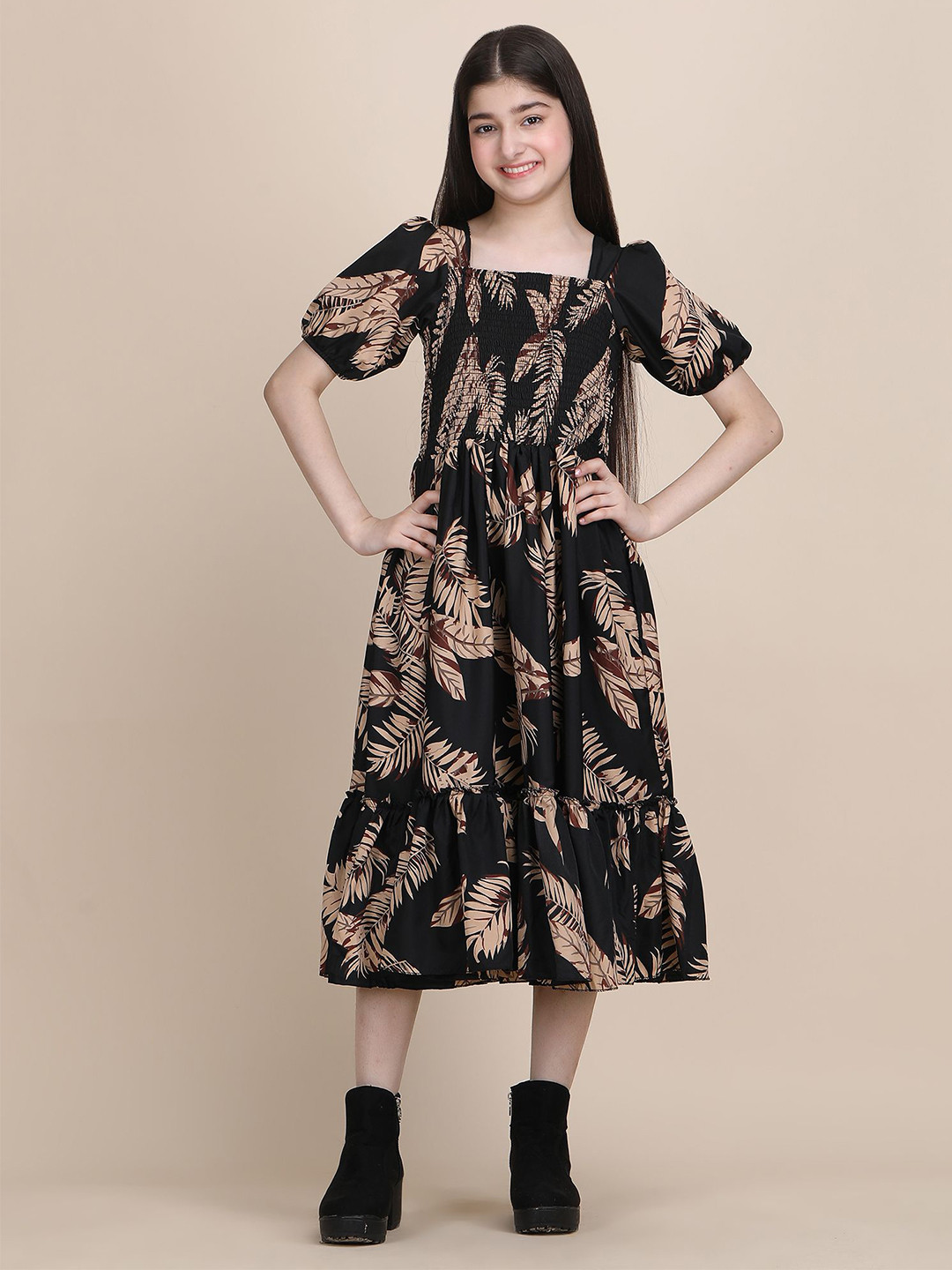 PaheliRani Girls Puff Sleeve Crepe Fit & Flare Dress