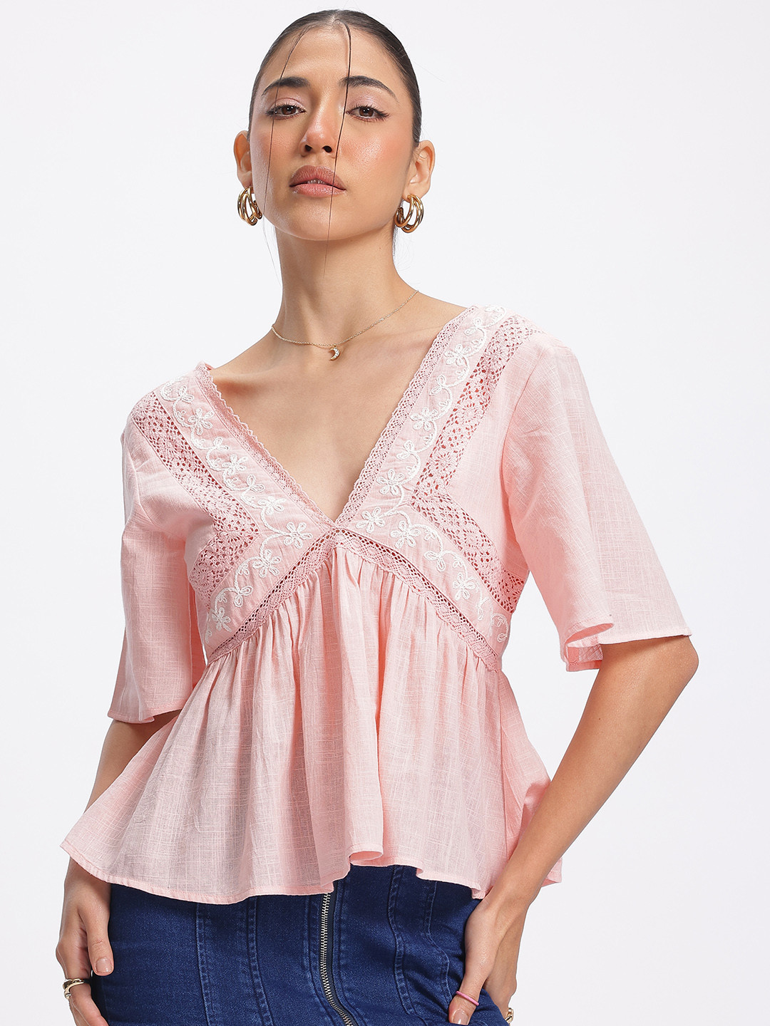 glitchez Bohemian Embroidered Lace Pleated A-Line Top