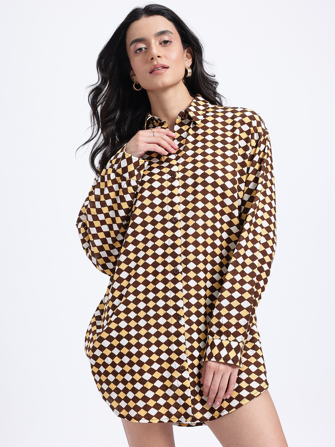 glitchez Printed Relaxed Fit Mini Shirt Style Dress