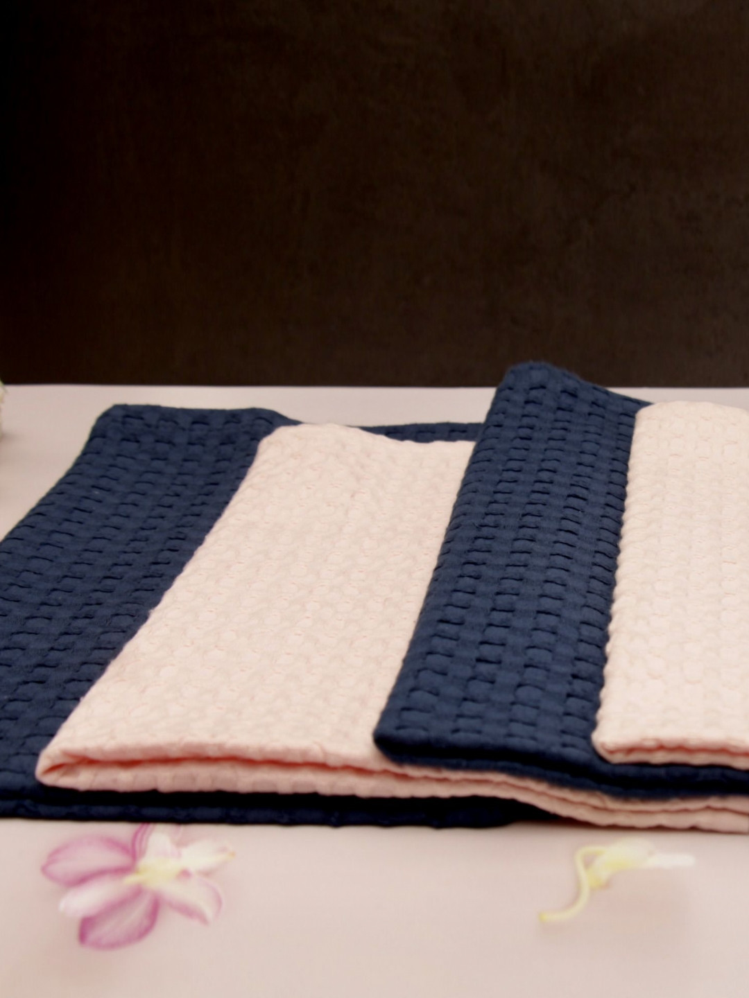 peppy little things Sakura Waffle 4-Pcs Navy Blue & Pink Textured KitchenTowels
