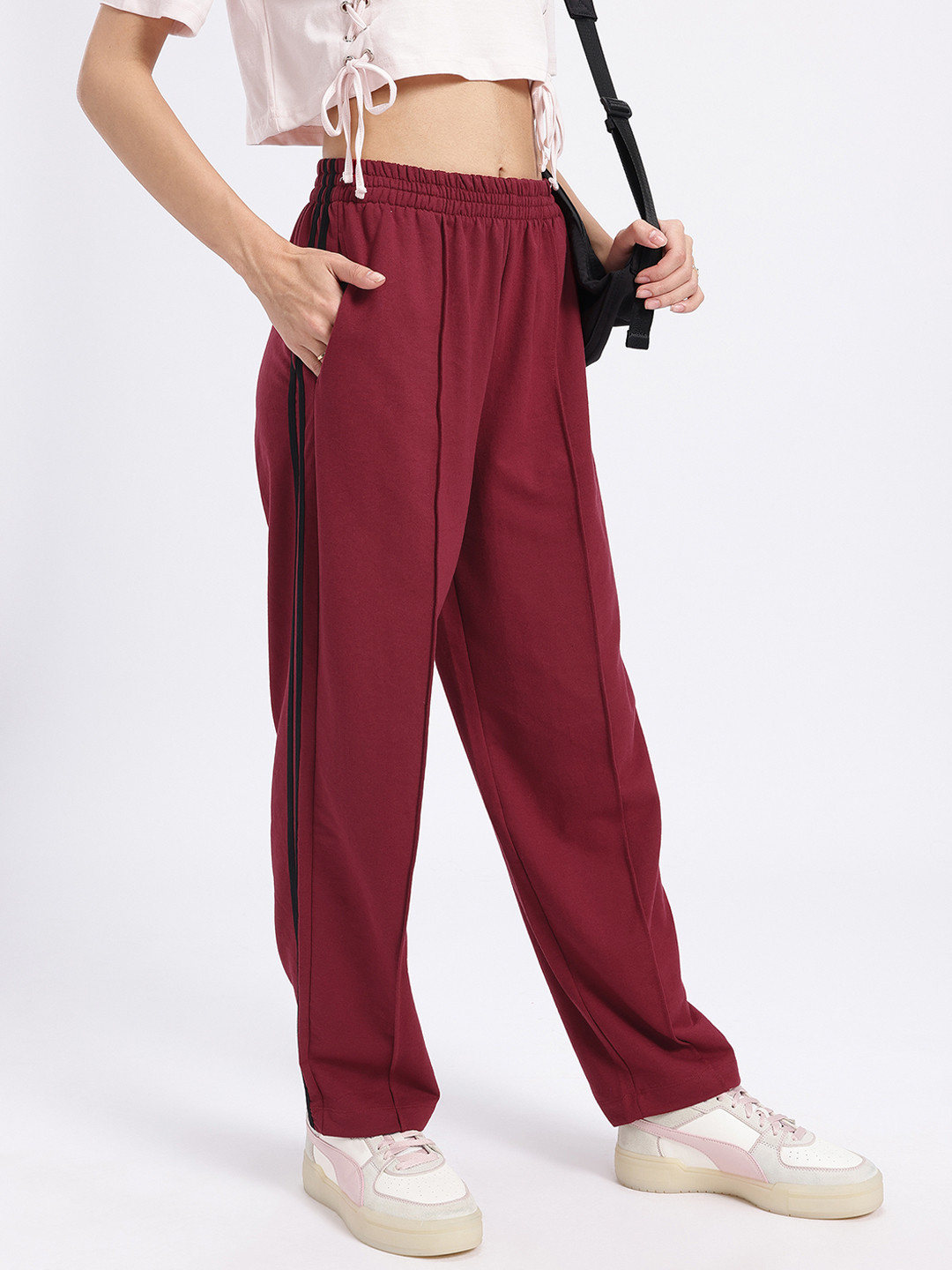 glitchez Women Knit Side Stripes Pleated Regular Trousers