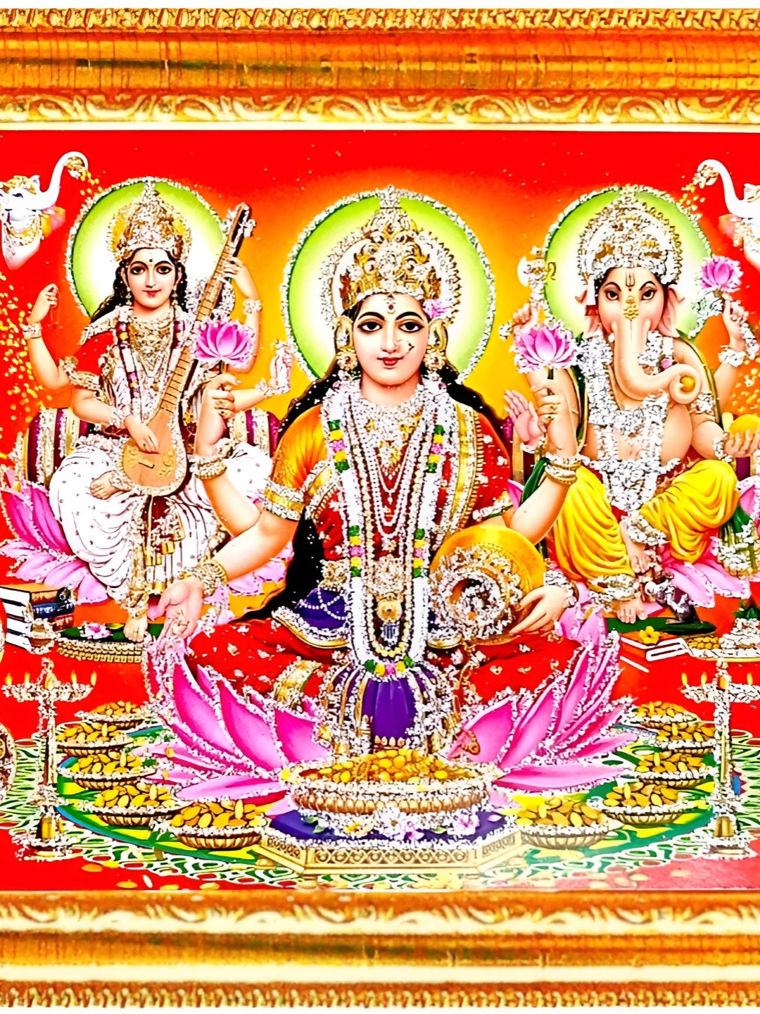 SUNINOW Gold-Toned & Yellow Laxmi Ganesh Sarsawti Religious Wooden Photo Frame