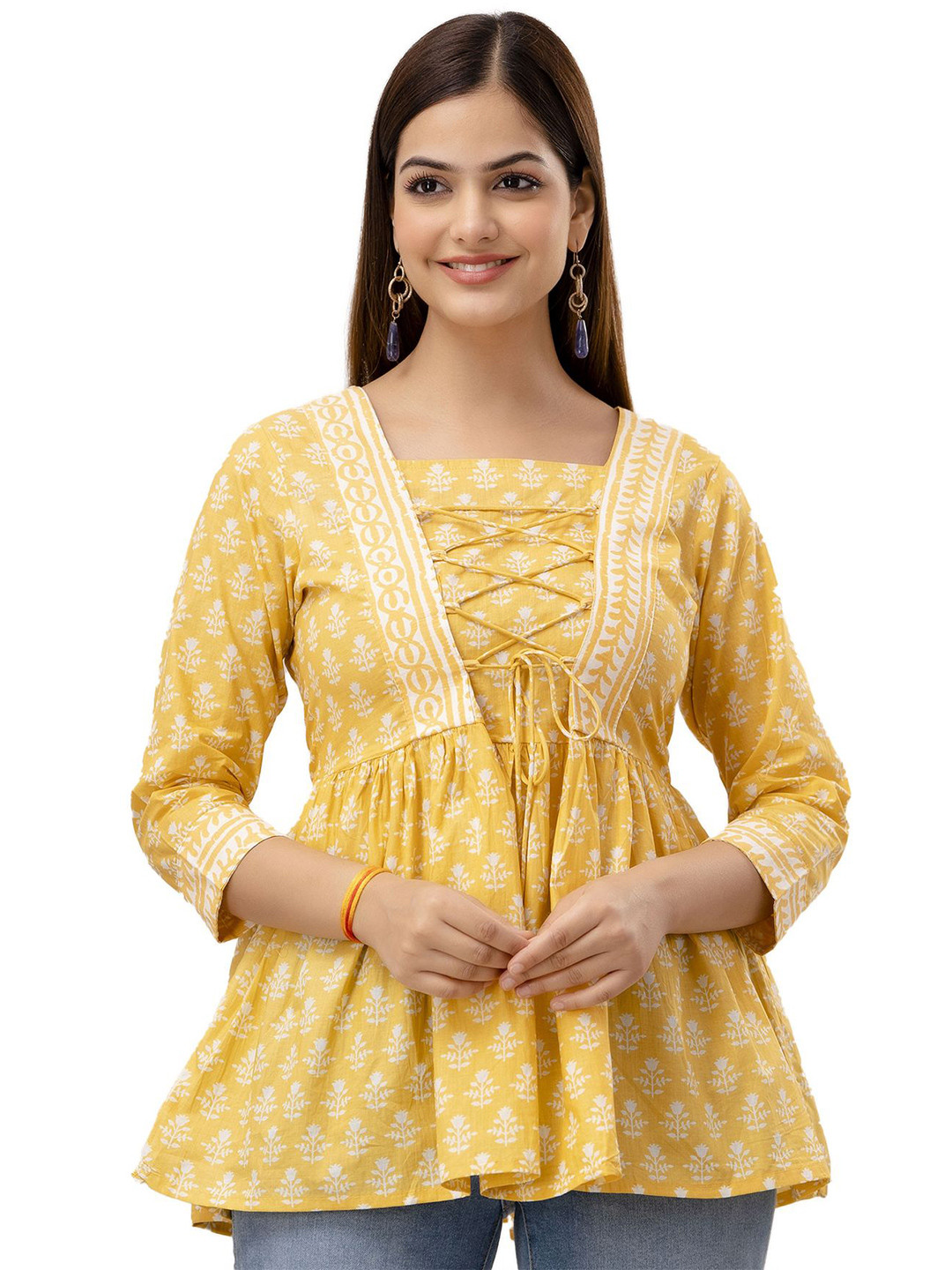 DMP EXPORT Women Ethnic Motifs Printed Tie-Ups Cotton Empire Regular Top