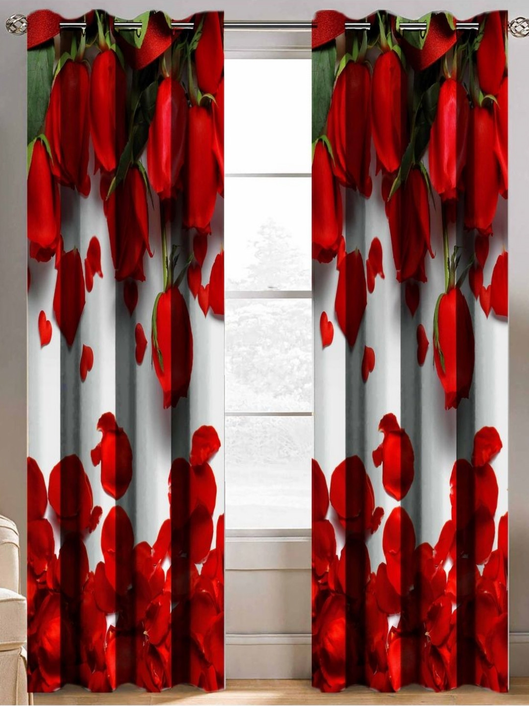 Aura Red And White 2 Pieces Floral Printed Long Door Curtain
