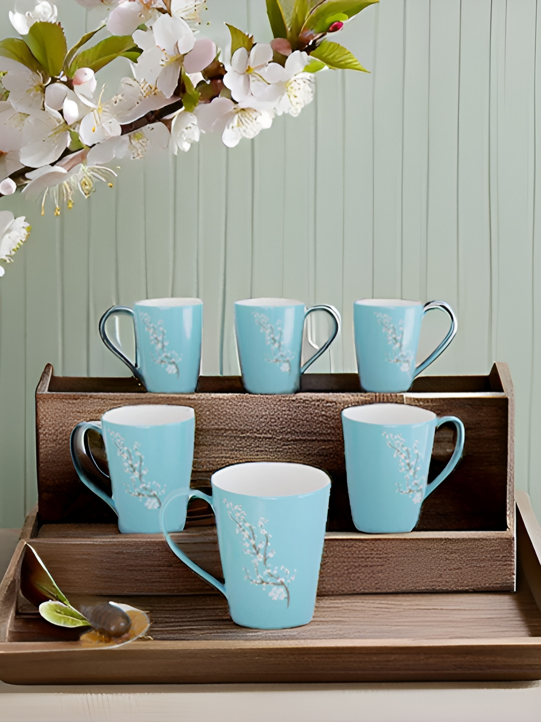 Kraftlik Handicraft Pipe Shaped Blue Floral Ceramic Microwave Safe 6 Piece Mug-200ml