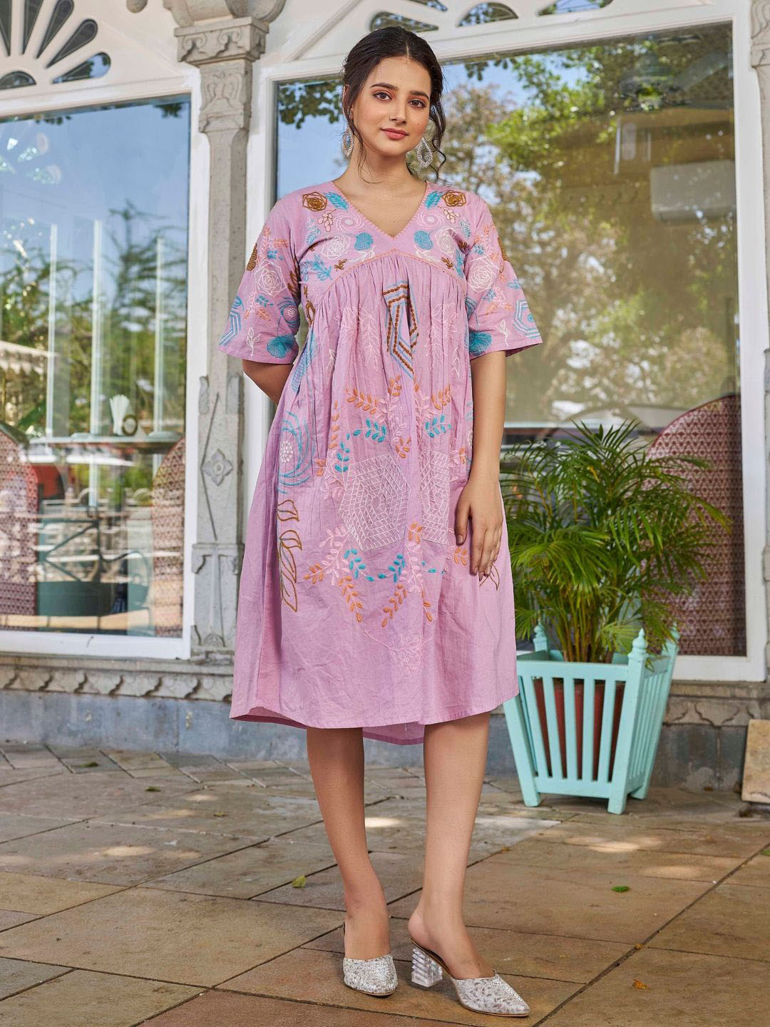 Moda Rapido Women Floral Embroidered A-Line Dress