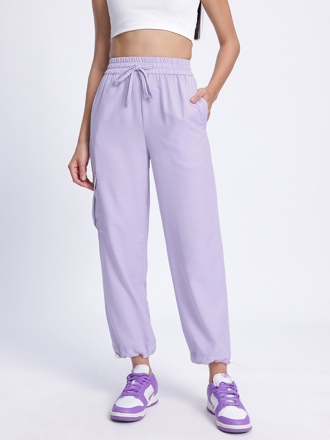 glitchez Women Cargo High-Rise Crop Parachute Trousers with Toggle Hemline