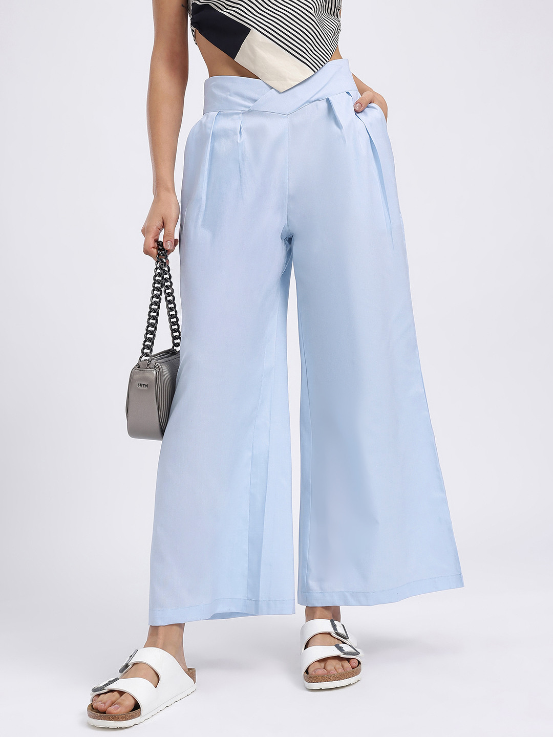 glitchez Solid High-Rise Wide Leg Pleated Trousers