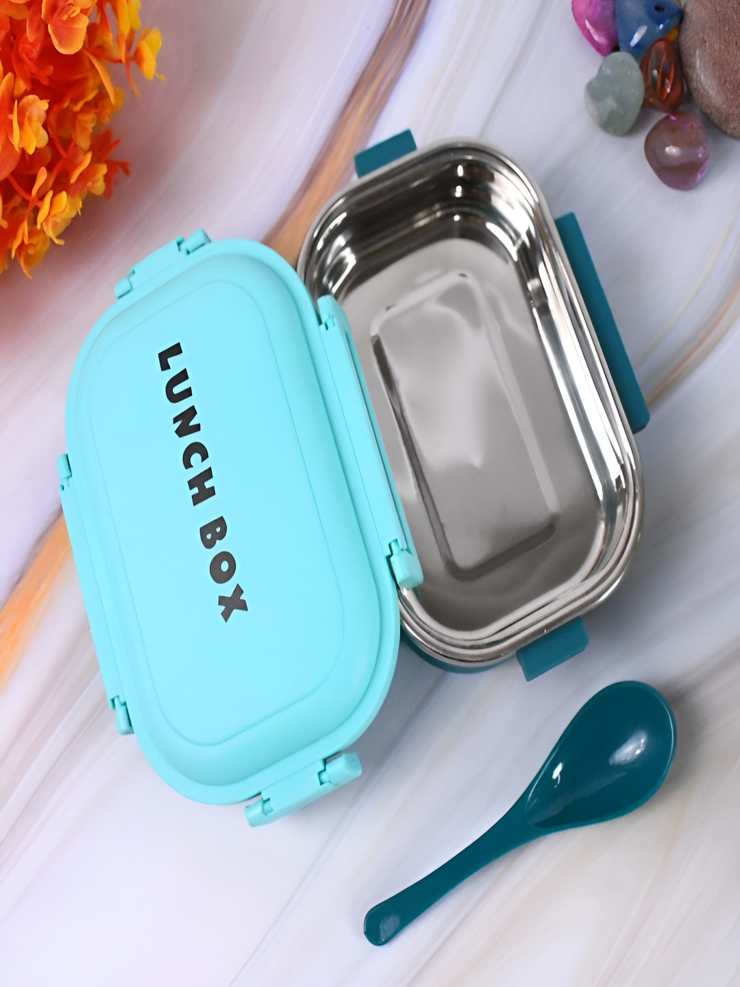 DeoDap 10444_testy Blue Solid Plastic Easy to Clean 2PCs Lunch Box With Spoon and Fork