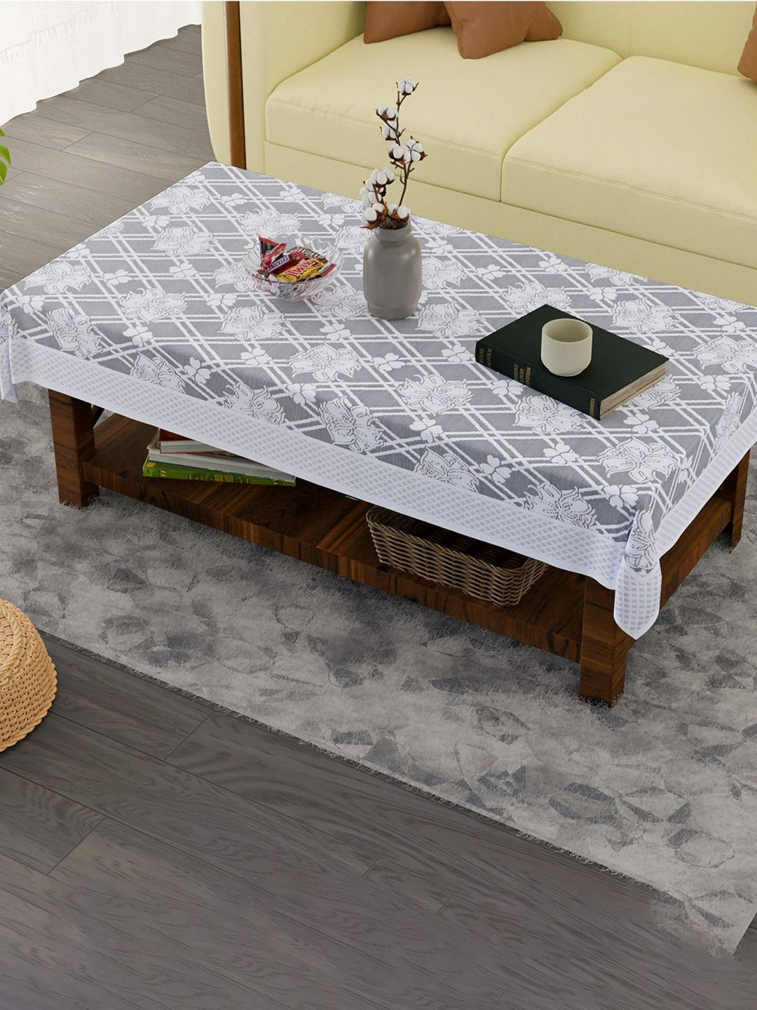 Aura Grey Cross Flower Cotton 40x60 Inch 4 Seater Center Table Cover