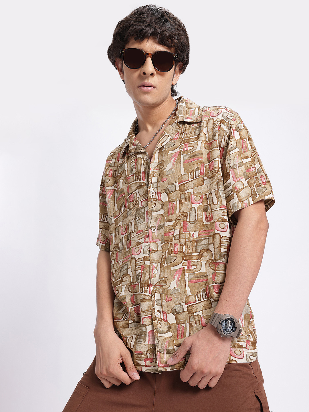 glitchez Indie Geometric Matrix Bowling Relaxed Fit Shirt