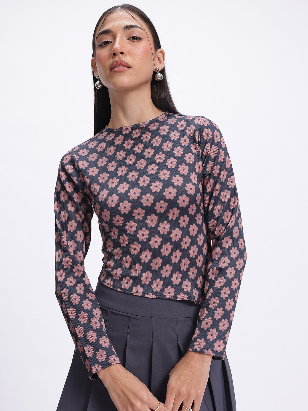 glitchez Floral Print Crinkle Effect Top