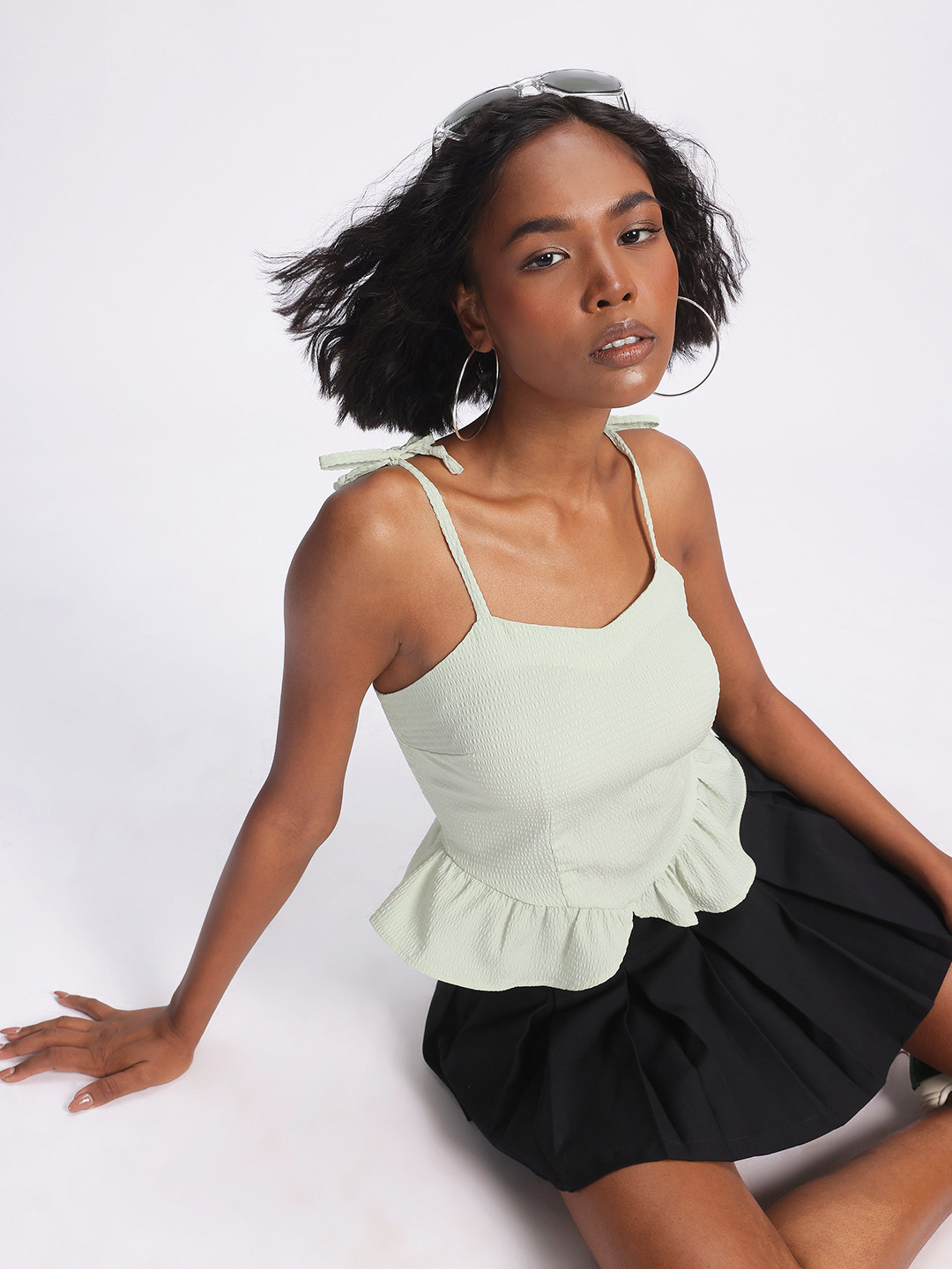 glitchez Seersucker Smocked Back Peplum Crop Top