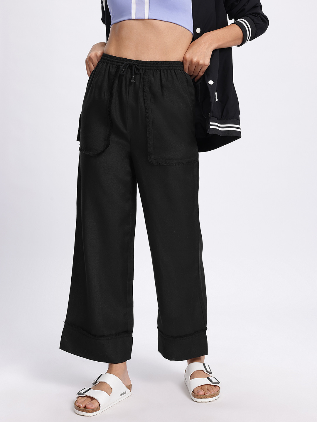 glitchez Women Basic Staples Frayed Detail Wide Leg Trousers