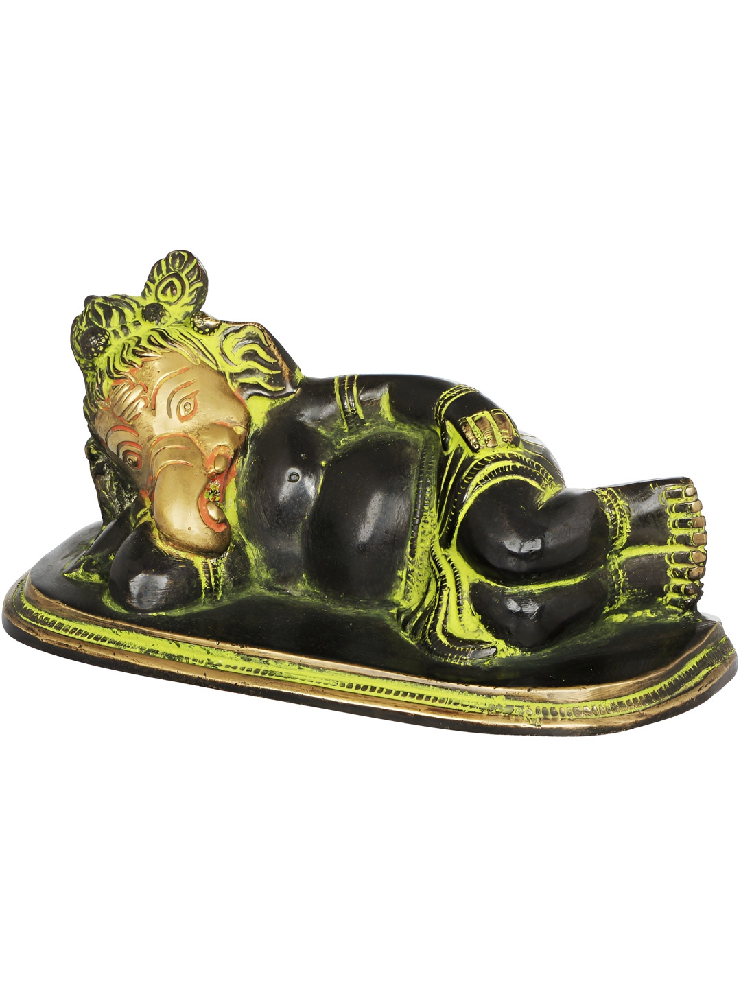 Exotic India Relaxing Ganesha Green Brass Metallic Prayer Room Medium Showpiece - 3 Inches
