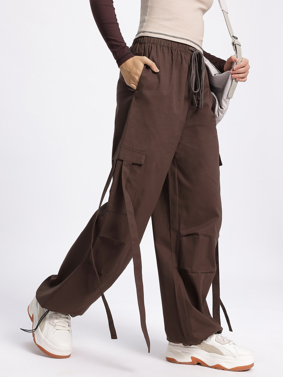 glitchez Women Solid Loose Fit Parachute Trousers with Drawstrings