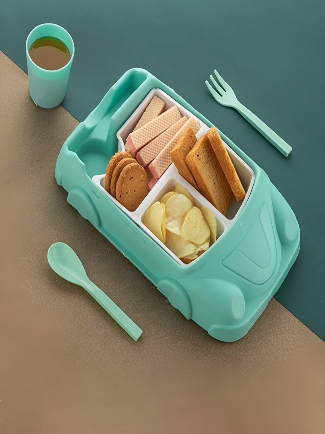 DeoDap 10253_car_shape_pla Plastic Easy to Clean 4PCs Lunch Box With Spoon and Fork