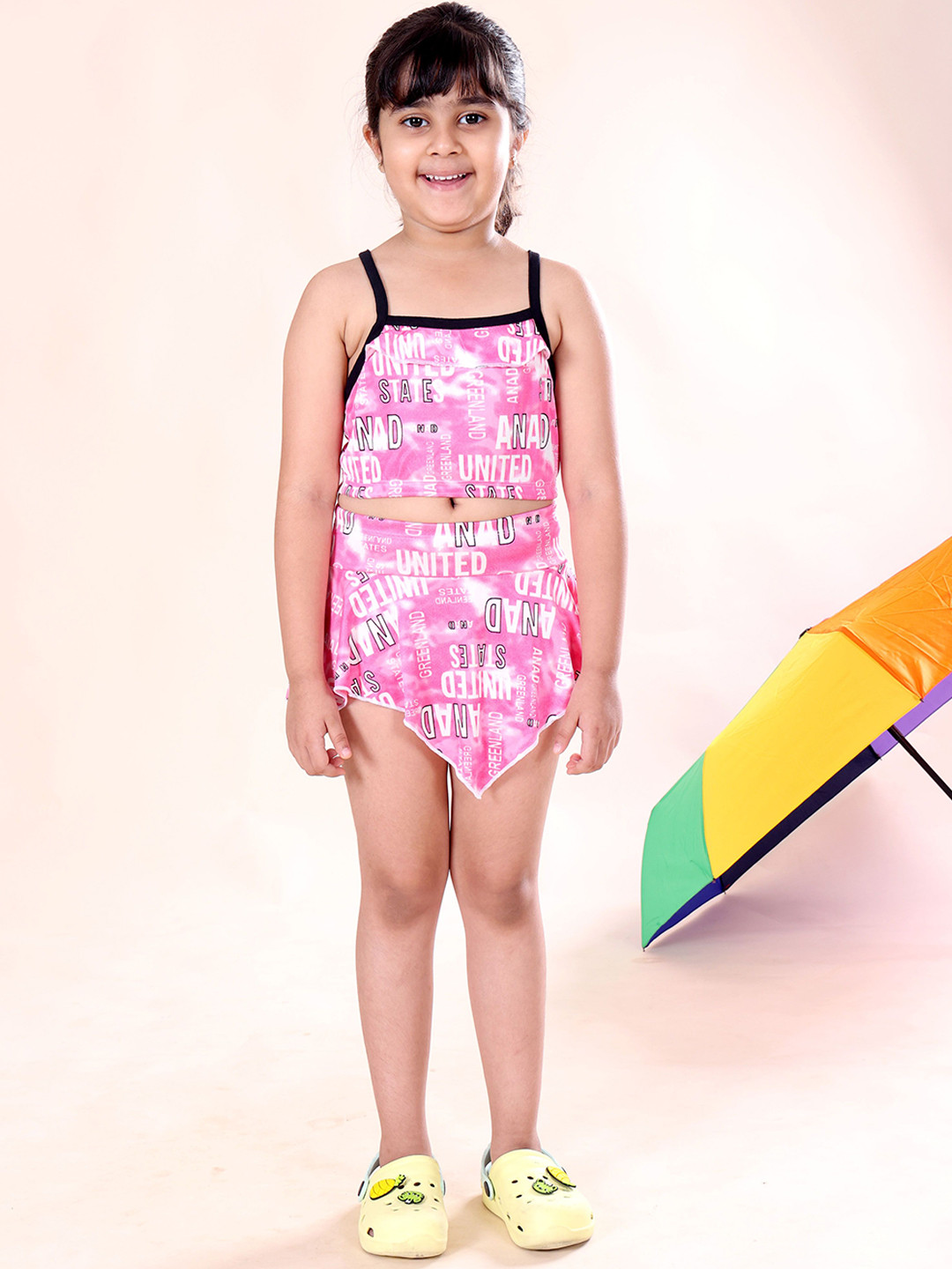 KiddoPanti Girls Printed Shoulder Straps Top & Shirt Swim Set