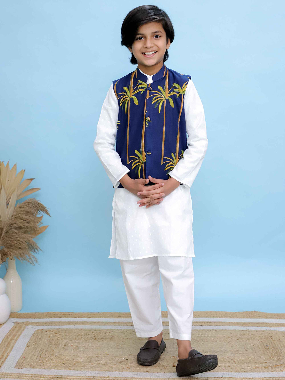 Kalp Boys Regular Pure Cotton Palm Jacket Kurta with Trousers
