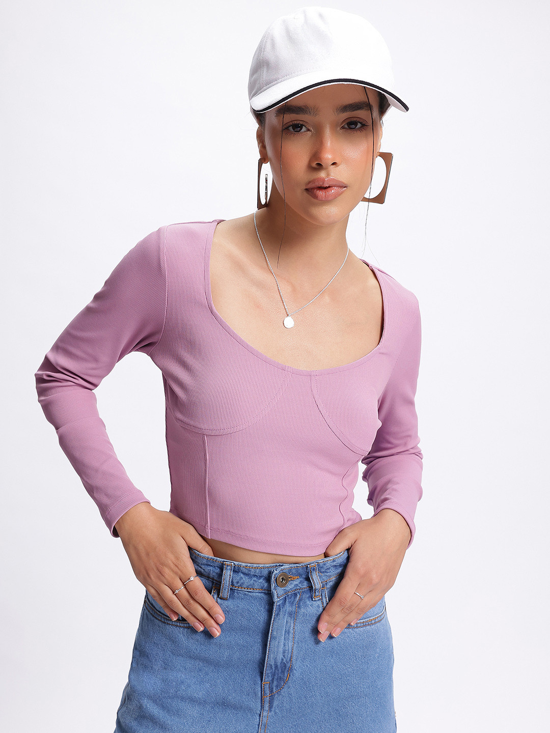 Mauve Scoop Neck Ribbed Crop Top