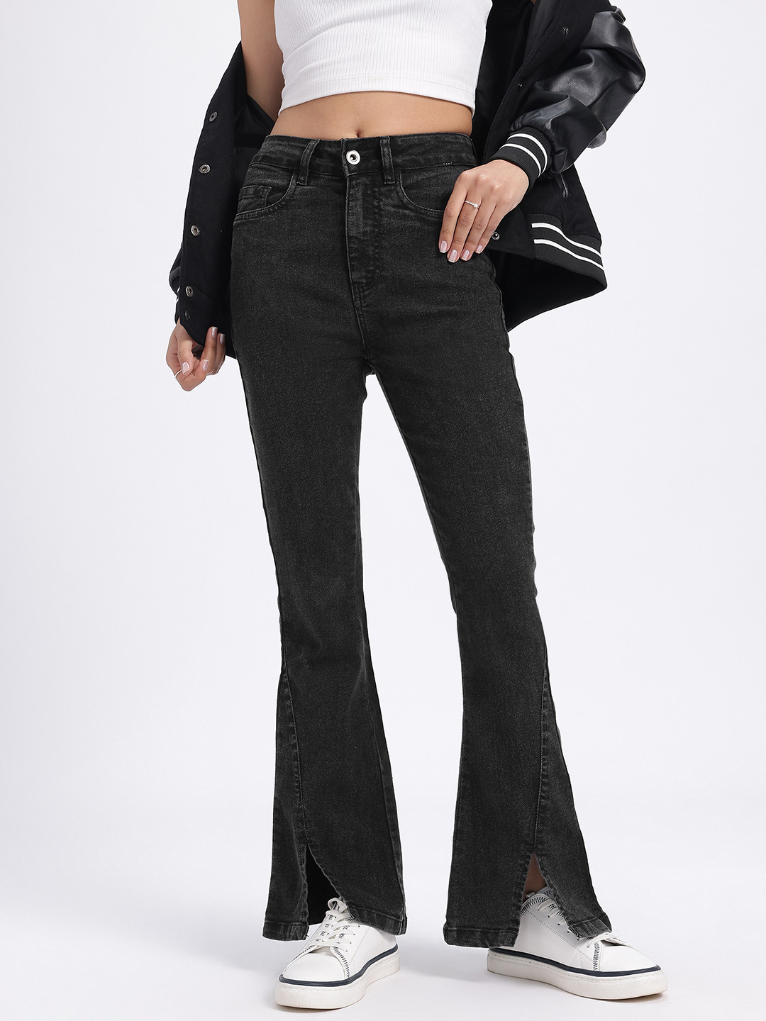 glitchez Women Dreamy Denim Slim Bootcut Fit Light Fade Stretchable Jeans with Slits