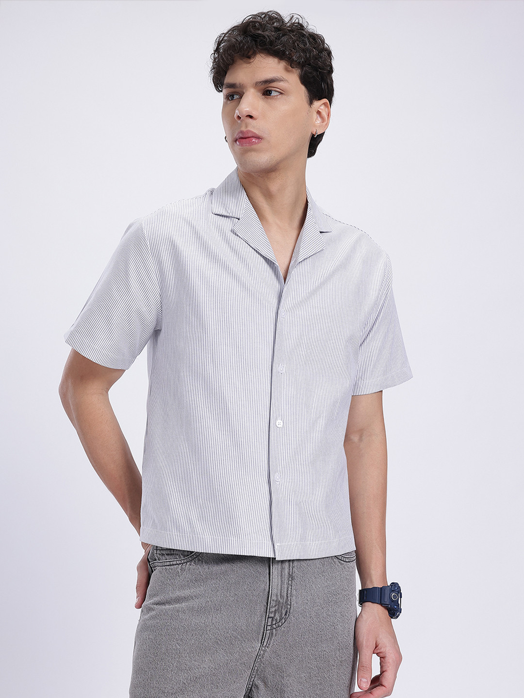 glitchez Cuban Pinstriped Bowling Boxy Shirt