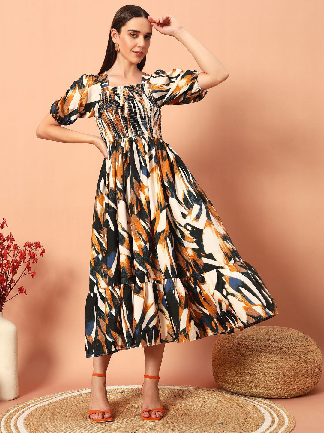 LookShine Women Printed Puff Sleeve Smocked Detail Fit and FlareMidi Dress