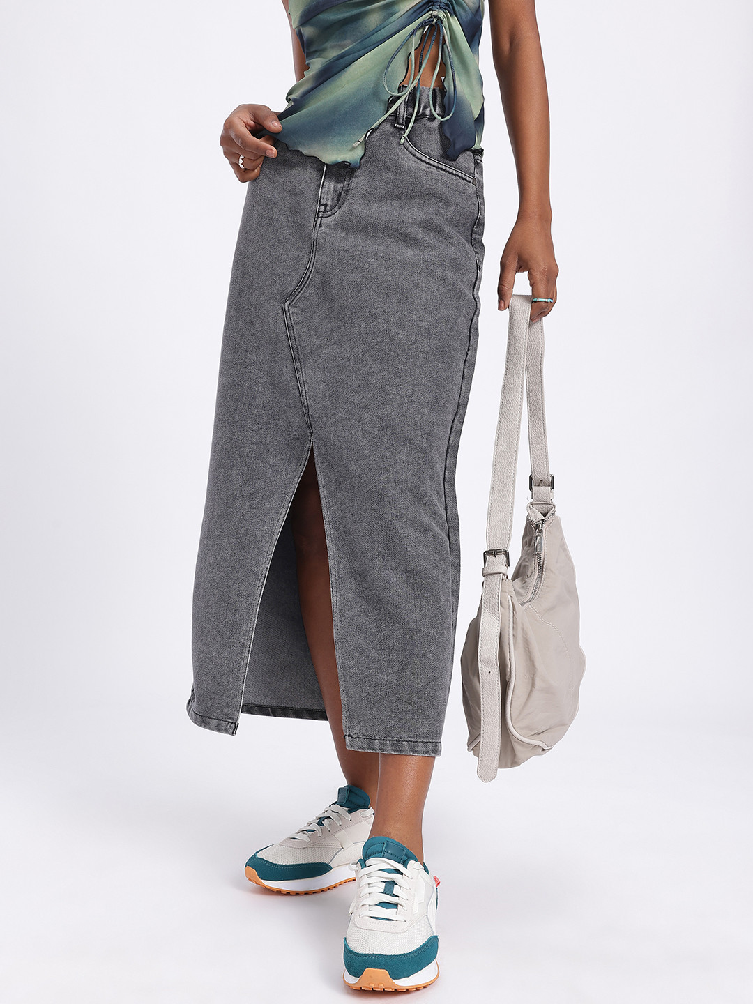 glitchez Front Slit Midi Denim Skirt