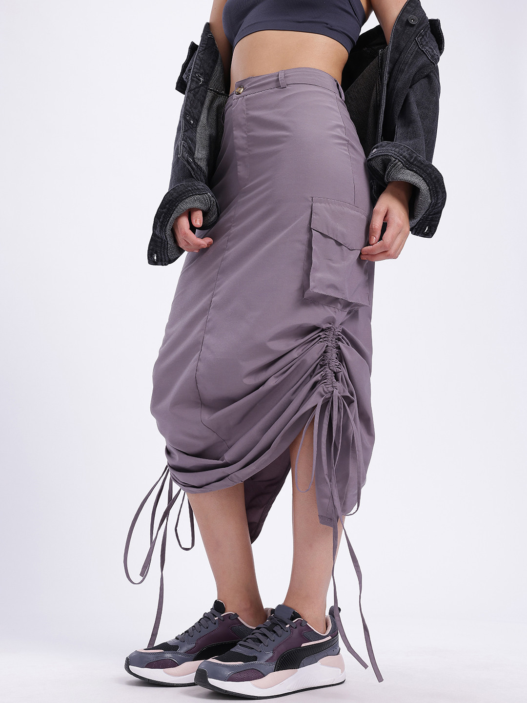 glitchez Tie-Ups Pure Cotton Cargo-Style Midi A-Line Skirt with Back Slit