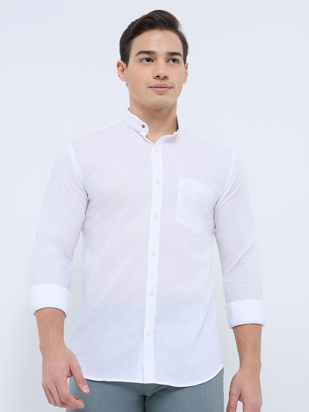 Park Avenue Band Collar Long Sleeves Slim Fit Casual Cotton Shirt