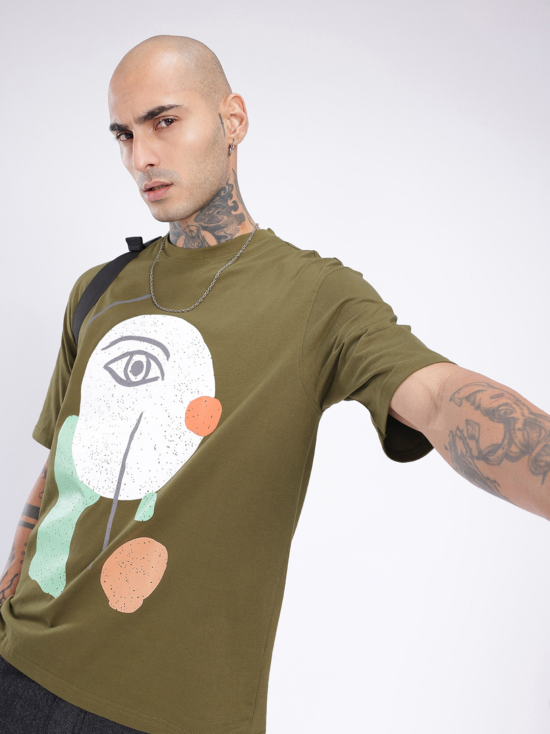 Olive Green Abstract Graphic Relaxed Fit T-shirt